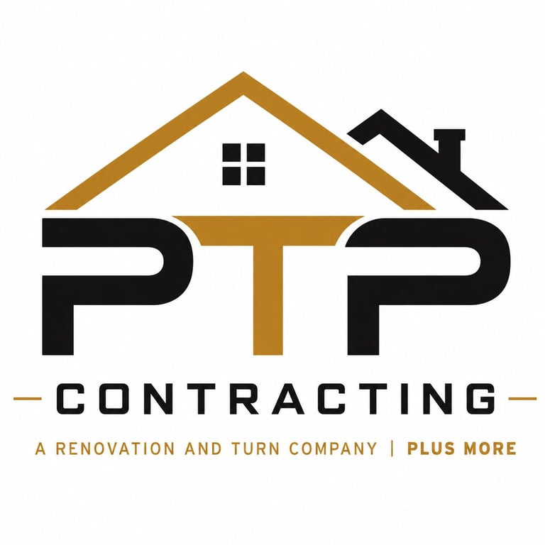 PTP Contracting logo featuring a house roof design with gold and black lettering, renovation and construction company branding