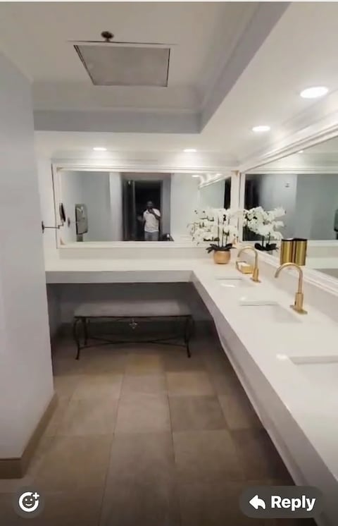 Modern bathroom with long vanity, dual sinks, large mirrors, white fixtures, potted flowers, and dark bench seating
