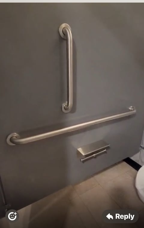 Stainless steel grab bars mounted on a gray bathroom wall next to a toilet